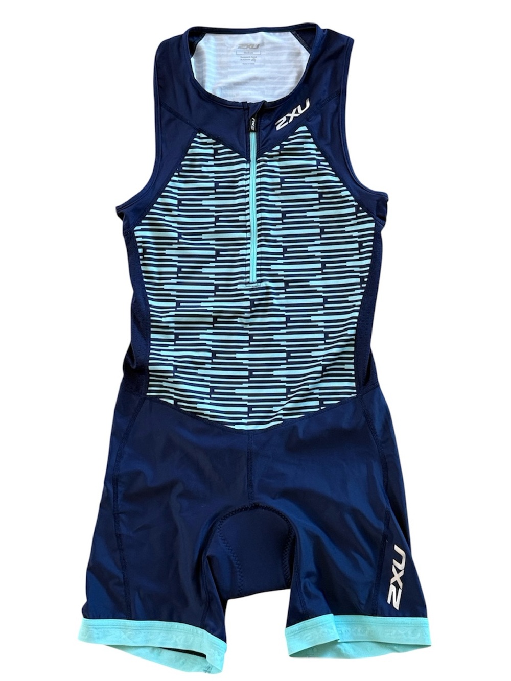 2XU PERFORMANCE MEN FULL ZIP SLEEVELESS NAVY TEAL IRONMAN TRIATHLON RACESUIT MED